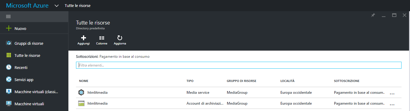 Account Media Service e Storage account in MediaGroup