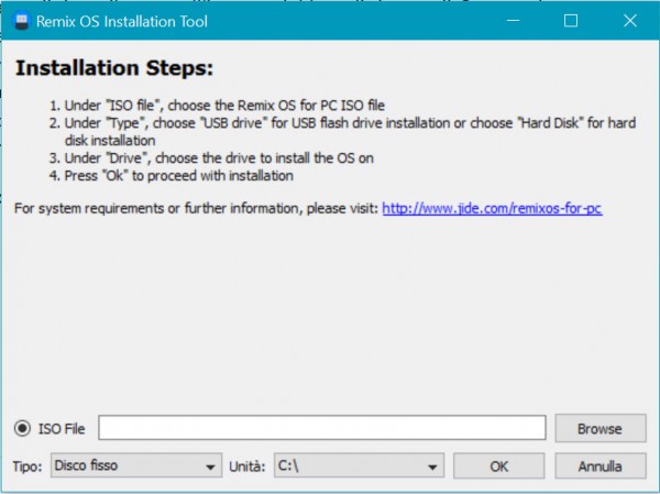 L'interfaccia del tool di installazione di Remix OS