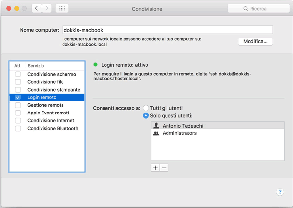 Attivazione del log in remoto su Mac OS X