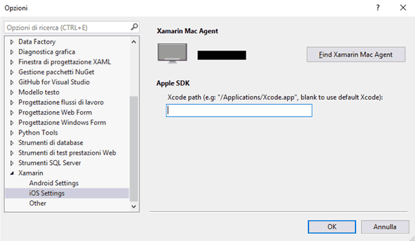 Impostazioni di Xamarin per iOS su Visual Studio
