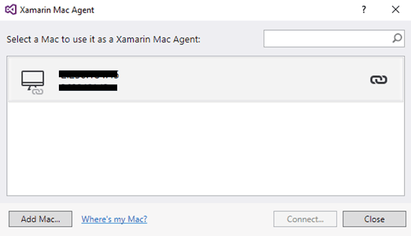 La finestra Xamarin Mac Agent, che mostra i Mac remoti disponibili