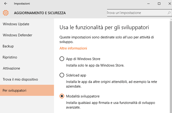 Abilitazione delle Opzioni da Sviluppatore su Windows 10