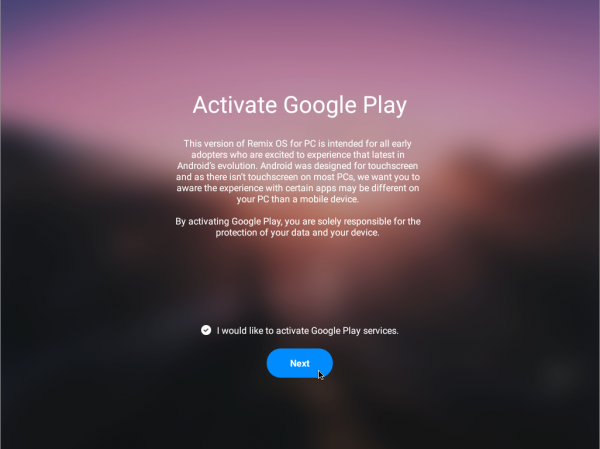 Abilitazione dei servizi Google e del Play Store durante il primo avvio di Remix OS
