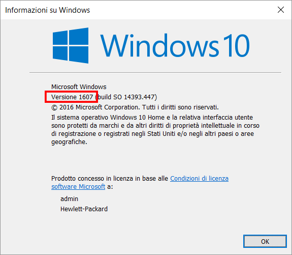 Verifica del numero di buil della versione di Windows 10