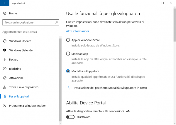 Abilitare la Modalità sviluppatore su Windows 10