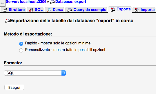 Esportazione database