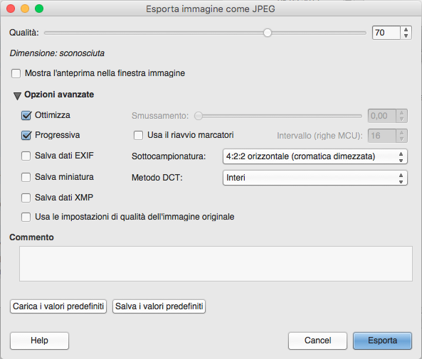 Esportazione delle immagini JPEG in GIMP