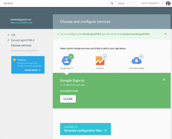 Aggiunta del servizio Google Sign-In