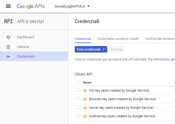 Sezione Credenziali della Google Developer Console