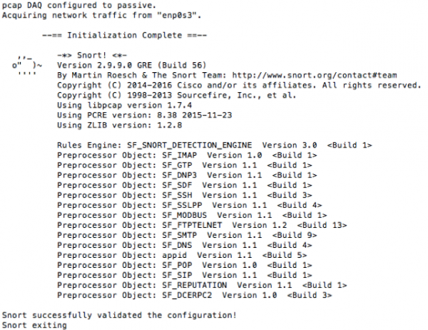 Output del test del file di configurazione di Snort