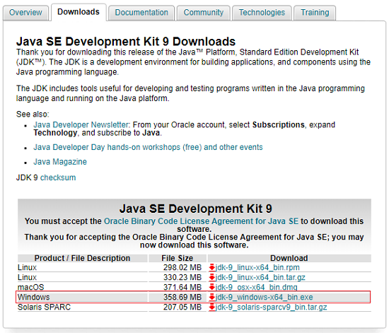 Url per il download delle JDK 9
