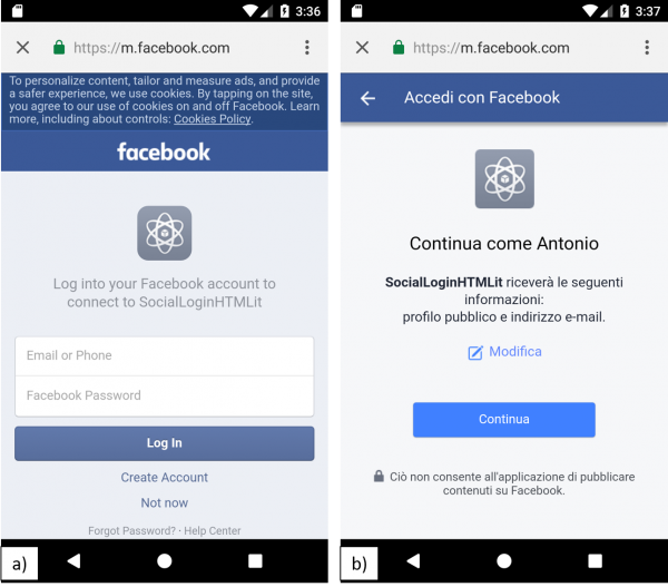 Schermata di a) autenticazione di Facebook, b) autorizzazione per l’accesso ai dati