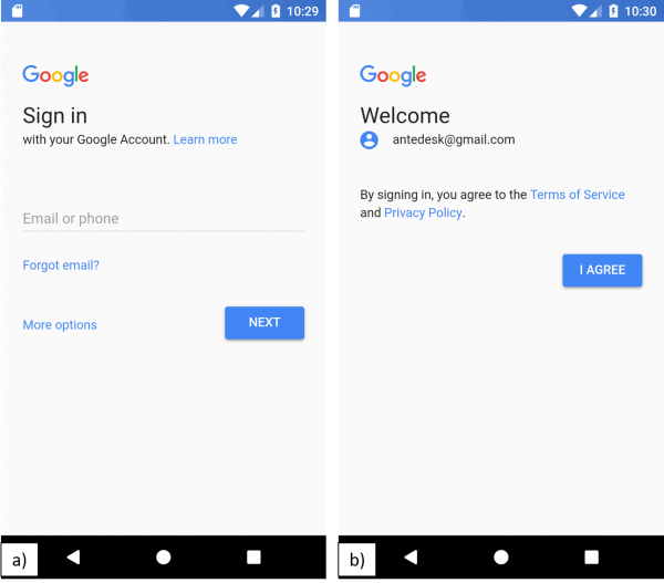 Schermata di a) autenticazione di Google, c) accettazione dei termini del servizio e della privacy
