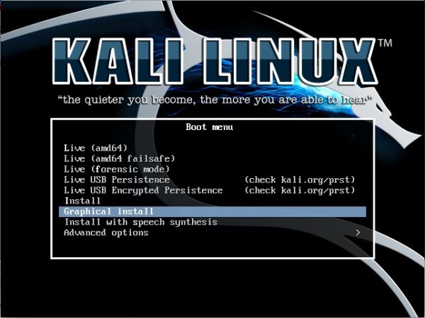 Schermata di installazione di Kali linux