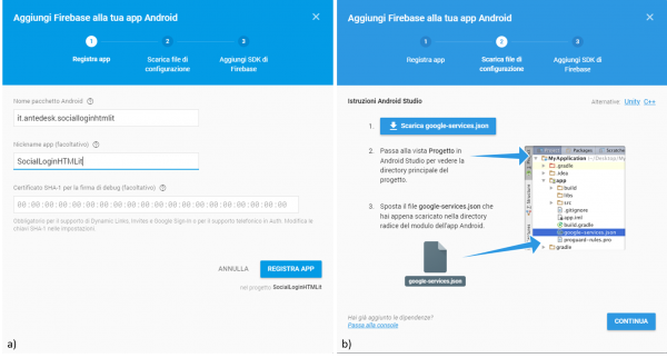 Aggiunta di Firebase ad un’app Android: (a) inserimento dei dati dell’applicazione; (b) download del google-service.json