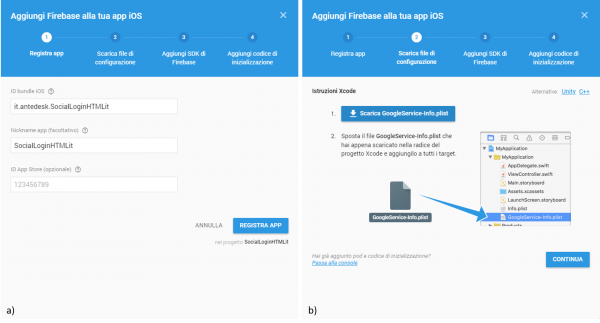 Aggiunta di Firebase ad un app iOS: (a) inserimento dei dati dell’applicazione; (b) download del GoogleService-Info.plist