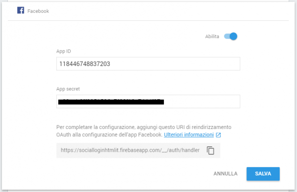 Abilitazione del login tramite Facebook