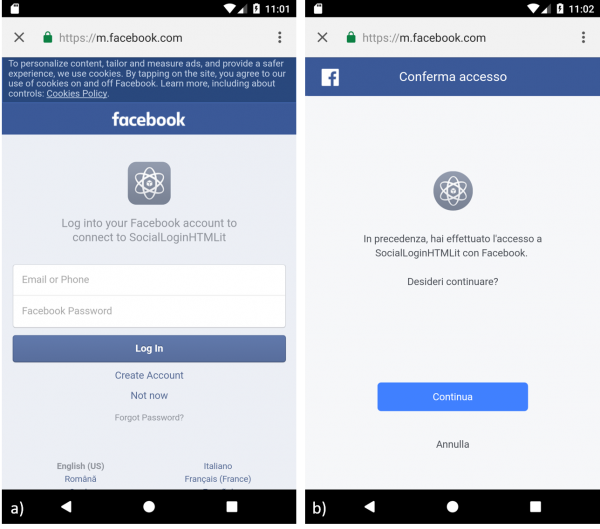 Schermata di a) autenticazione di Facebook, b) autorizzazione per l’accesso ai dati