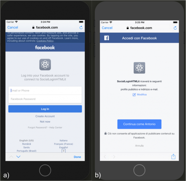 Schermata di a) autenticazione di Facebook, b) autorizzazione per l’accesso ai dati