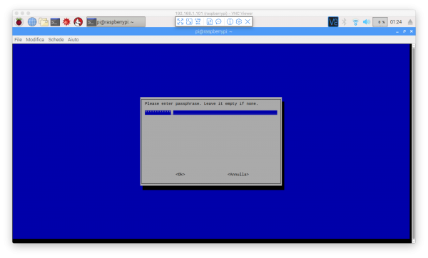 Immissione della passphrase per la connessione alla rete wireless tramite raspi-config