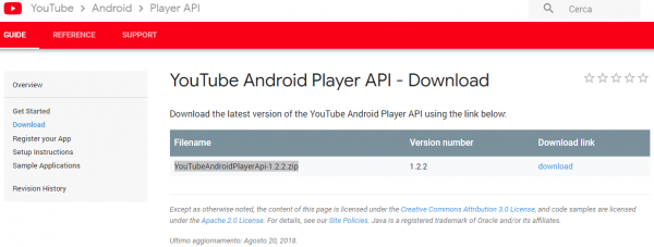 Sezione Download delle YouTube Android Player API