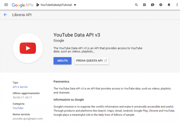 Scheda della libreria YouTube Data API v3
