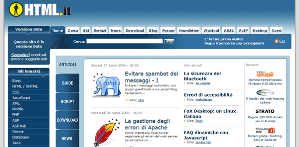 Il layout di HTML.it nel 2006