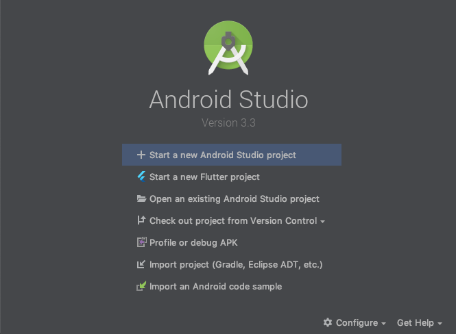 Schermata di iniziale di Android Studio con la possibilità di creare un nuovo progetto con Flutter