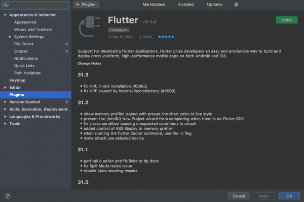 Schermata di dettaglio del plugin di Flutter