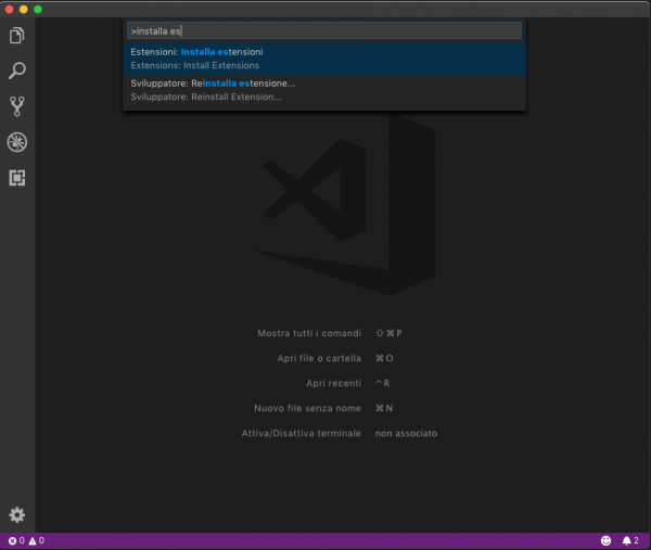 Riquadro comandi di Visual Studio Code