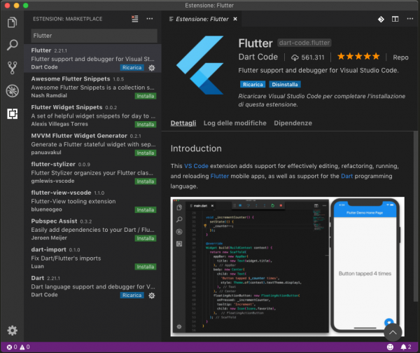 Riquadro di installazione delle estensioni con Flutter selezionato e installato