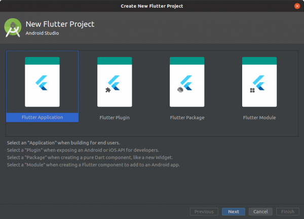 Schermata di creazione di un nuovo progetto basato su Flutter
