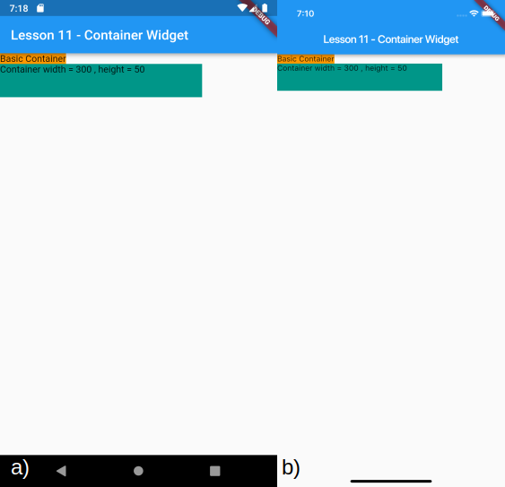 Visualizzazione del Container con le dimensioni impostate e del precedente Container per a) Android e b) iOS