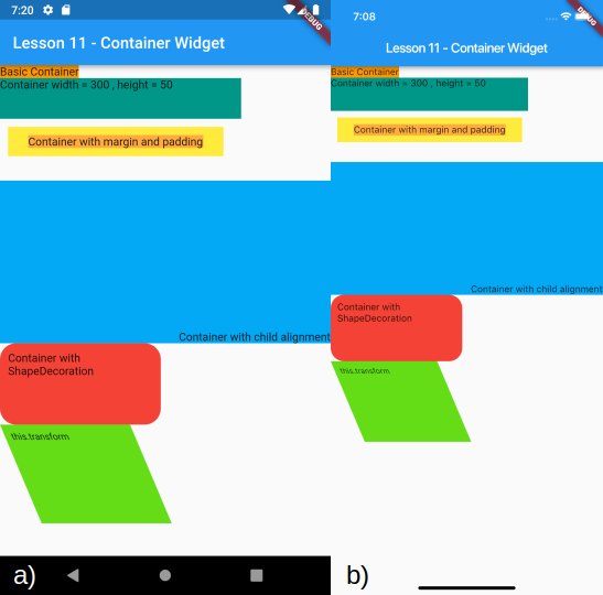 Visualizzazione del Container ruotato e dei precedenti Container per a) Android e b) iOS
