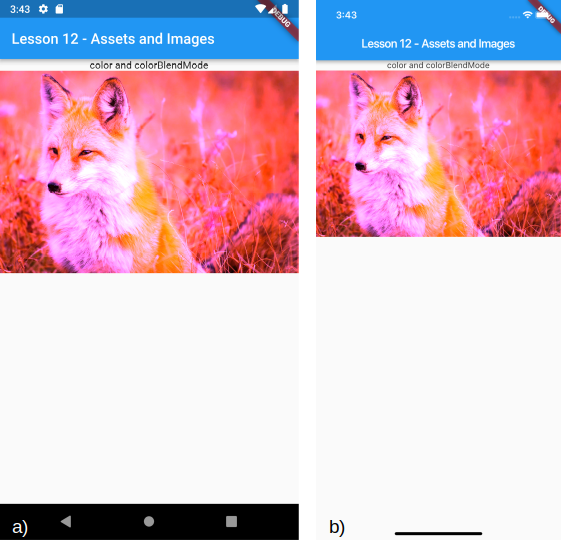 Caricamento di una immagine tramite asset e definizione delle proprietà color e colorBlendMode per a) Android e b) iOS