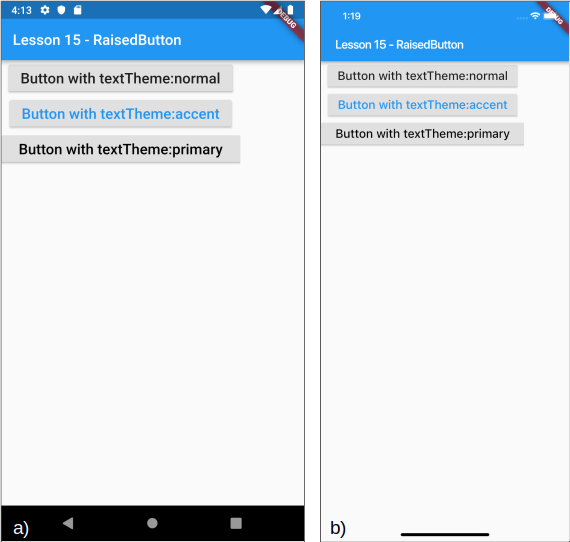 Utilizzo del textTheme usando i temi normal, accent, e primary  per a) Android e b) iOS
