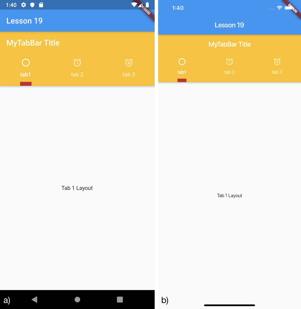 Esempio di Tab con indicatore personalizzato per a) Android b) iOS