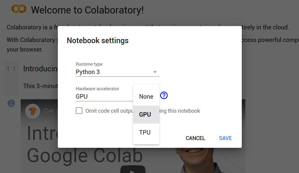 Configurazione dell'accelerazione hardware su Google Colab