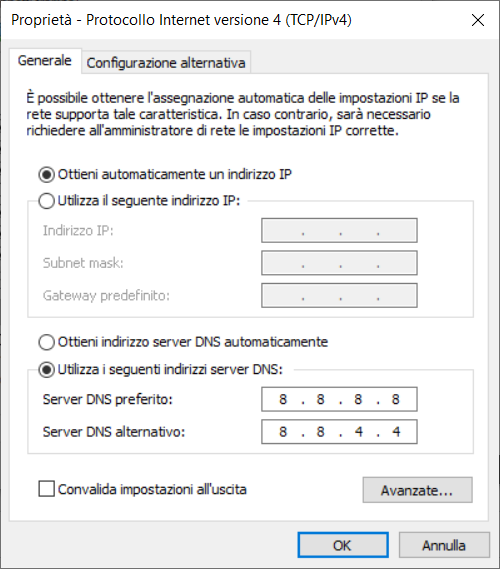 Configurazione degli indirizzi IPv4 dei server DNS