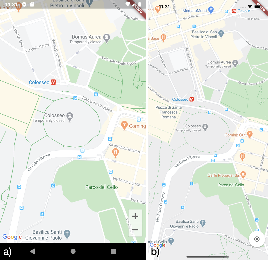 Visualizzazione delle mappe di Google su a) Android b) iOS