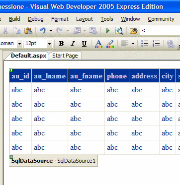 Visualizzazione di una tabella del database PUBS