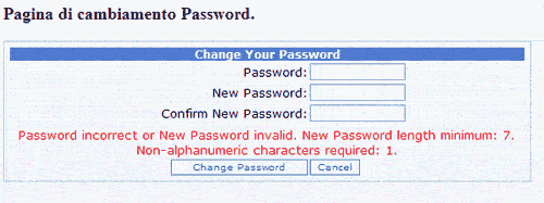 Messaggio di Password incorretta