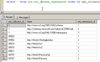 Query sulla tabella di sistema sys.xml_schema_namespaces