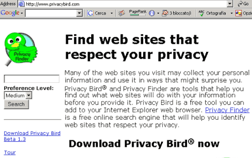Home page di www.privacybird.com