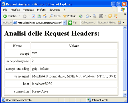 Request header utilizzate dalla richiesta effettuata tramite Internet Explorer