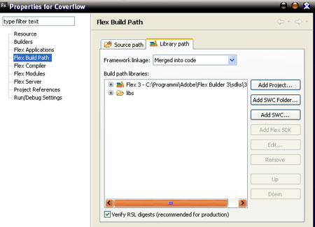 Screenshot del pannello Flex Build Path