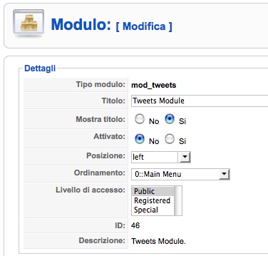 opzioni Tweets Module