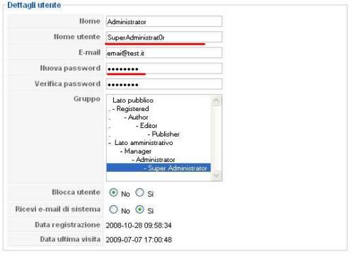 Joomla modifica nome utente e password