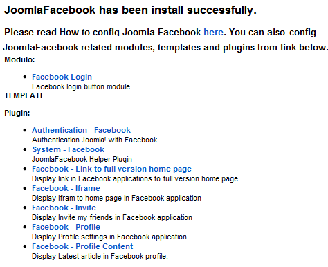 JoomlaFacebook installazione riuscita