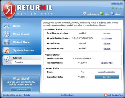 Returnil Virtual System status